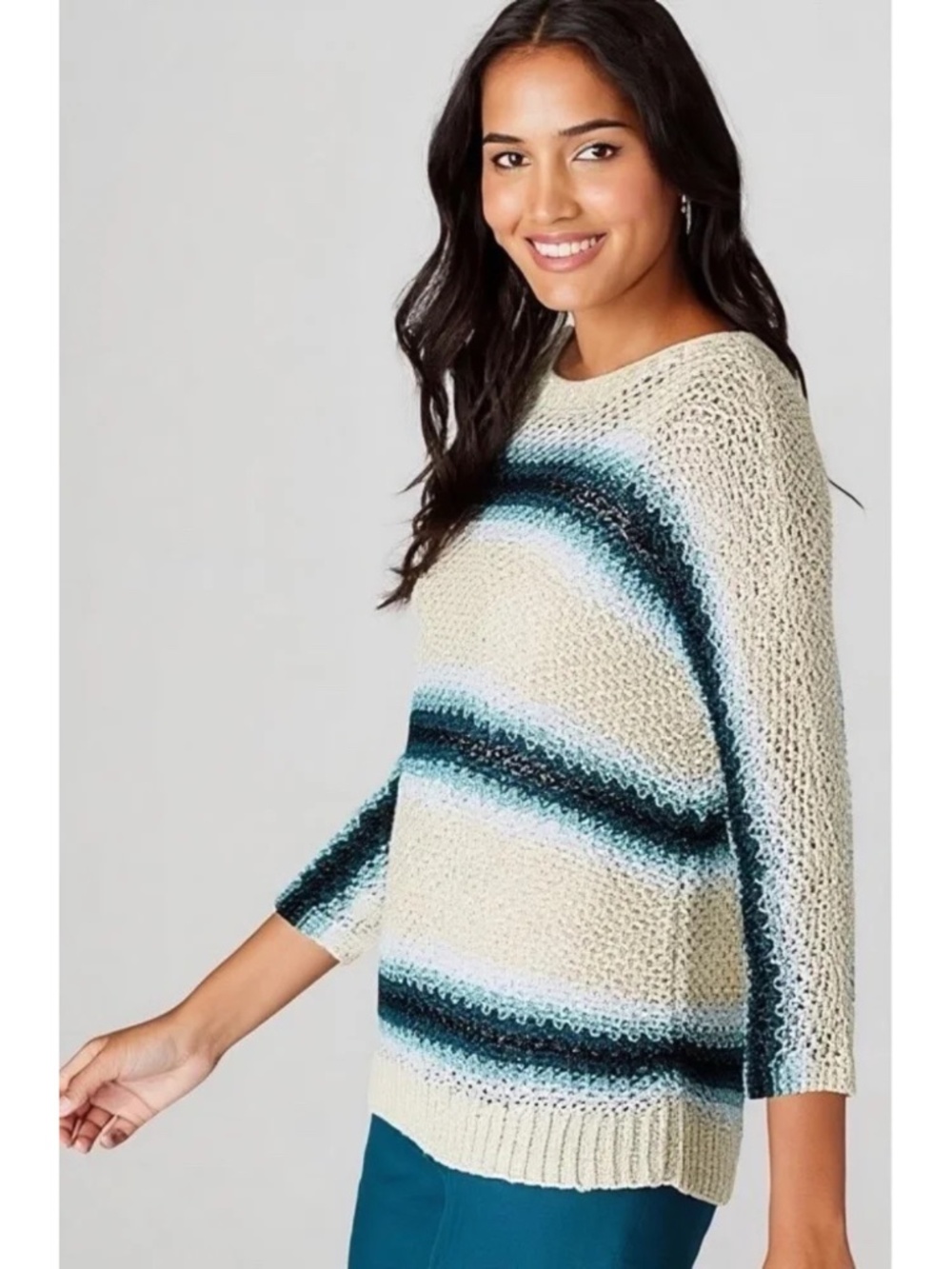 NEW J. Jill Linen & Cotton Striped Open Stitch Sweater Top Navy Blue Multi XS